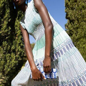 Oliphant Sleeveless Smocked Maxi Green Floral Medallion S EUC